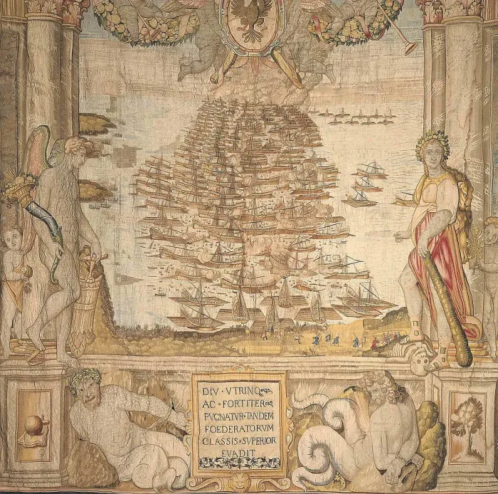 Framed Print : The Battle of Lepanto (Tapestry), 1591. Creator: Anonymous master Framed Print : The Battle of Lepanto (Tapestry), 1591. Creator: Anonymous master