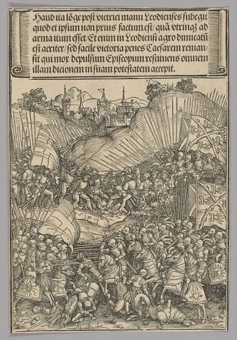 Framed Print : Battle for Liège, plate 8 from Historical Scenes from the Life of Emperor...printed c. 1520. Creator: Wolf Traut Framed Print : Battle for Liège, plate 8 from Historical Scenes from the Life of Emperor...printed c. 1520. Creator: Wolf Traut
