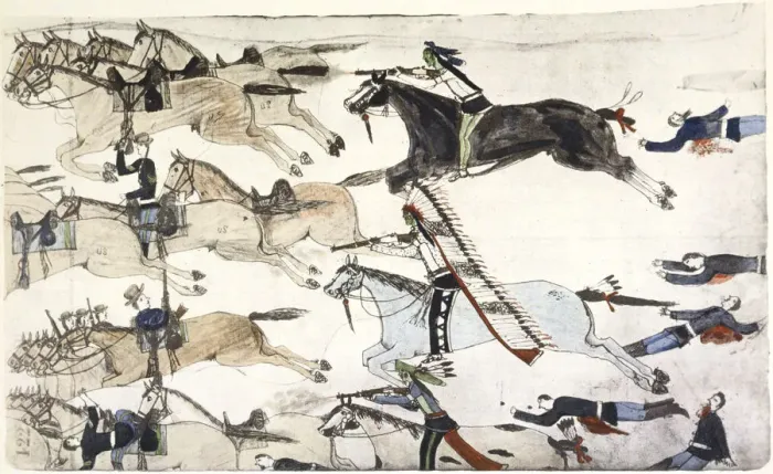 Framed Print : Battle of Little Bighorn, Montana, USA, 25-26 June 1876 (c1900). Artist: Amos Bad Heart Buffalo Framed Print : Battle of Little Bighorn, Montana, USA, 25-26 June 1876 (c1900). Artist: Amos Bad Heart Buffalo