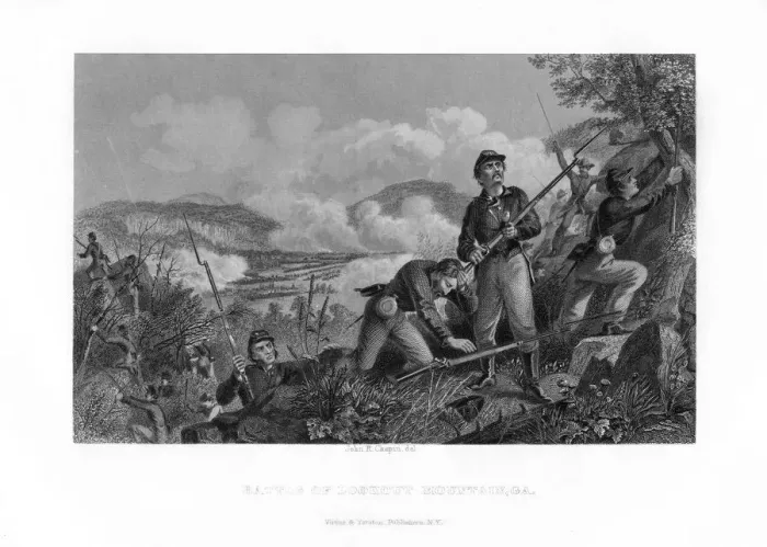 Framed Print : The Battle of Lookout Mountain, Tennessee, 24 November 1863 (1862-1867). Artist: John R Chapin Framed Print : The Battle of Lookout Mountain, Tennessee, 24 November 1863 (1862-1867). Artist: John R Chapin