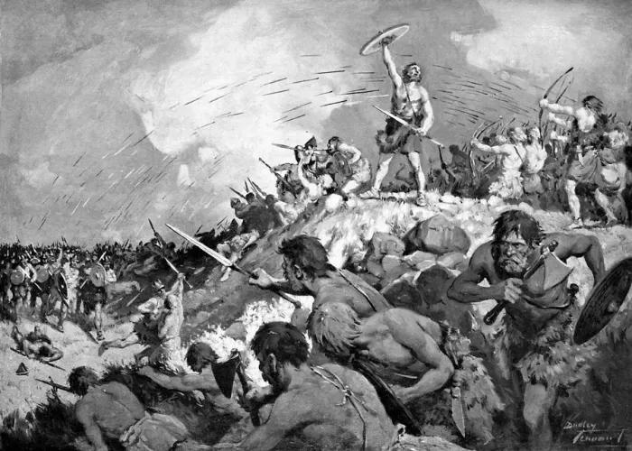 Framed Print : Battle of Mons Badonicus, c500 AD, (c1920). Artist: C Dudley Tennant Framed Print : Battle of Mons Badonicus, c500 AD, (c1920). Artist: C Dudley Tennant