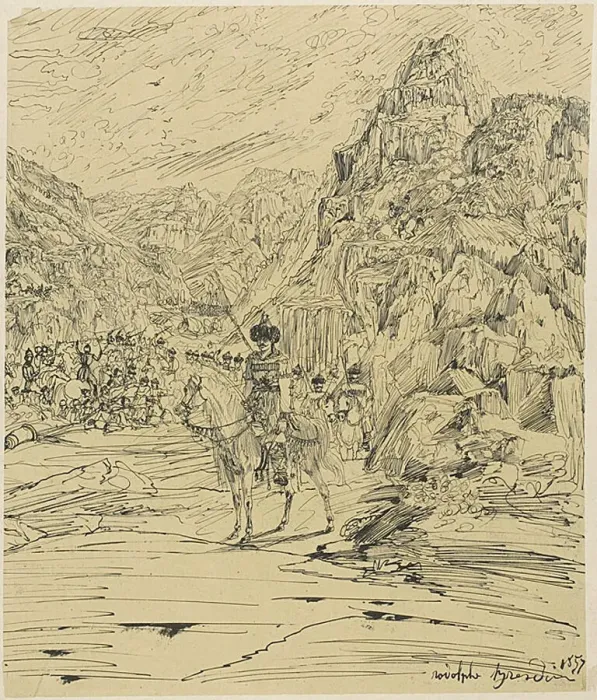 Framed Print : Battle in the Mountains, 1857. Creator: Rodolphe Bresdin Framed Print : Battle in the Mountains, 1857. Creator: Rodolphe Bresdin