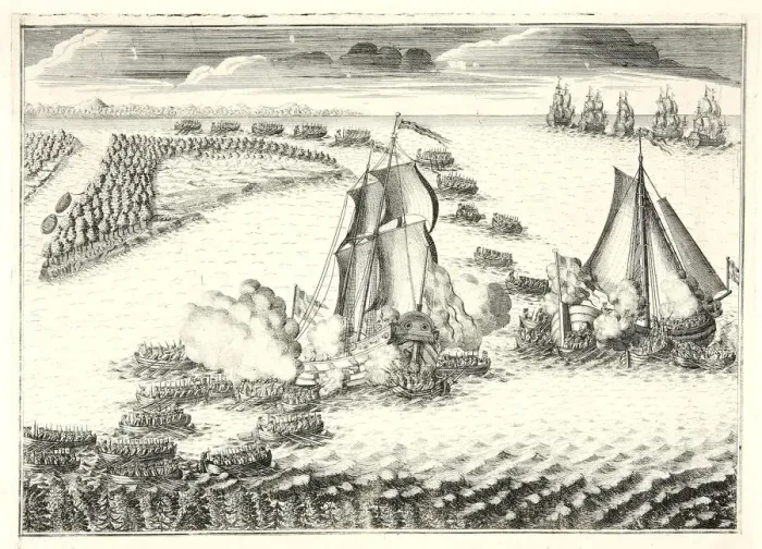 Framed Print : The battle at the mouth of the Neva on May 18, 1703, 1720s. Artist: Zubov, Alexei Fyodorovich (1682-after 1750) Framed Print : The battle at the mouth of the Neva on May 18, 1703, 1720s. Artist: Zubov, Alexei Fyodorovich (1682-after 1750)
