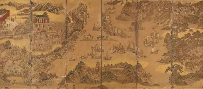 Framed Print : The Battle of Noryang (Six folded screen). Creator: Anonymous