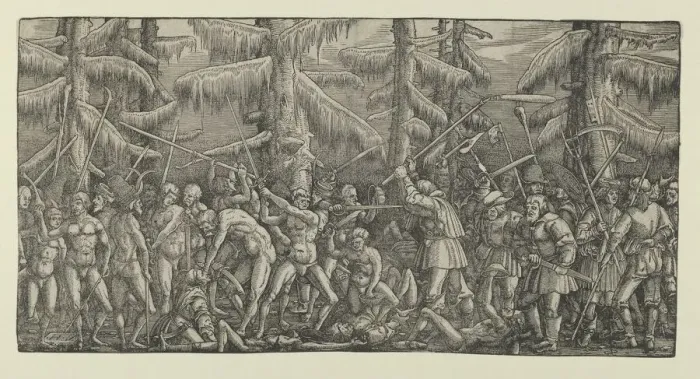 Framed Print : Battle Between Peasants and Naked Men in a Forest, 1522. Creator: Master NH Framed Print : Battle Between Peasants and Naked Men in a Forest, 1522. Creator: Master NH