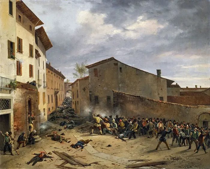 Framed Print : Battle in the Piazzetta dell'Albera on March 23, 1849, 1849. Creator: Joli, Faustino (1814-1876) Framed Print : Battle in the Piazzetta dell'Albera on March 23, 1849, 1849. Creator: Joli, Faustino (1814-1876)