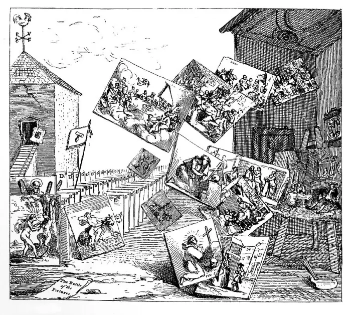 Framed Print : The Battle of the Pictures, 1745. Artist: William Hogarth Framed Print : The Battle of the Pictures, 1745. Artist: William Hogarth