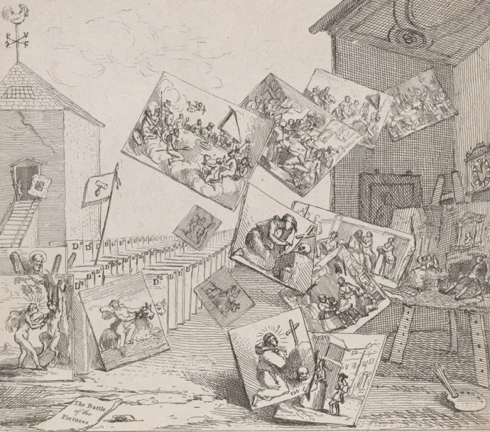 Framed Print : The Battle of the Pictures, 18th century. 18th century. Creator: William Hogarth Framed Print : The Battle of the Pictures, 18th century. 18th century. Creator: William Hogarth