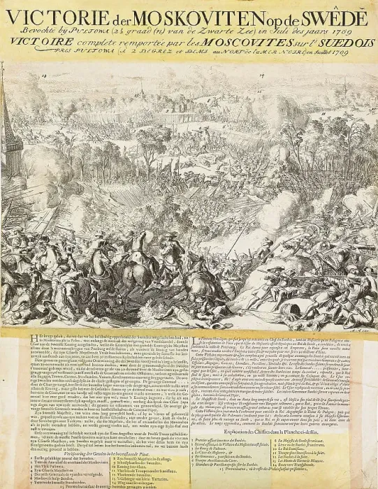 Framed Print : The Battle of Poltava on 27 June 1709 (Broadside). Artist: Allard, Abraham (1676-1725) Framed Print : The Battle of Poltava on 27 June 1709 (Broadside). Artist: Allard, Abraham (1676-1725)