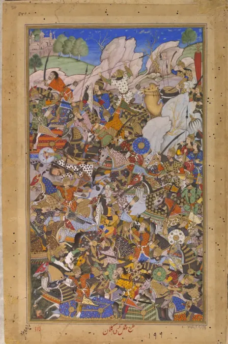 Framed Print : The Battle Preceding the Capture of the Fort at Bundi, Rajasthan, in 1577, 1592-1594. Artist: Tulsi Kalan (c. 1560-1600) Framed Print : The Battle Preceding the Capture of the Fort at Bundi, Rajasthan, in 1577, 1592-1594. Artist: Tulsi Kalan (c. 1560-1600)