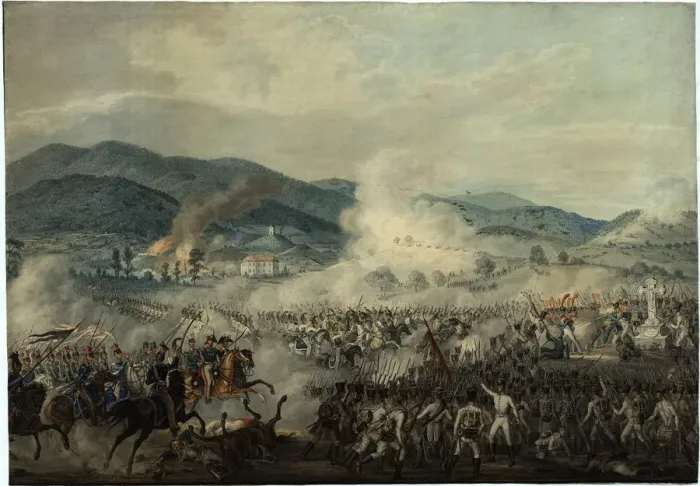 Framed Print : The battle between the Russian-Austrian and French troops Framed Print : The battle between the Russian-Austrian and French troops