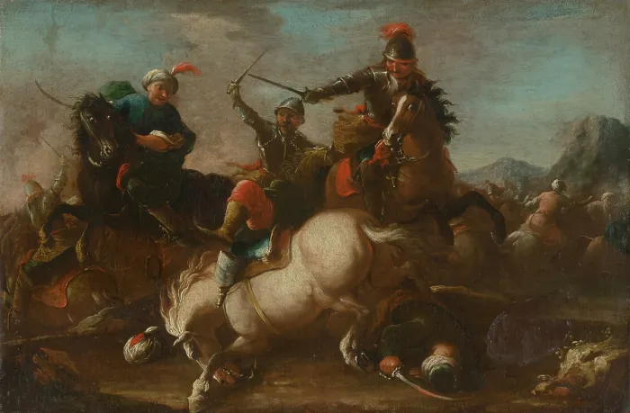 Framed Print : Battle Scene, 1748-1753. Creators: Unknown, Circle of August Querfurt Framed Print : Battle Scene, 1748-1753. Creators: Unknown, Circle of August Querfurt