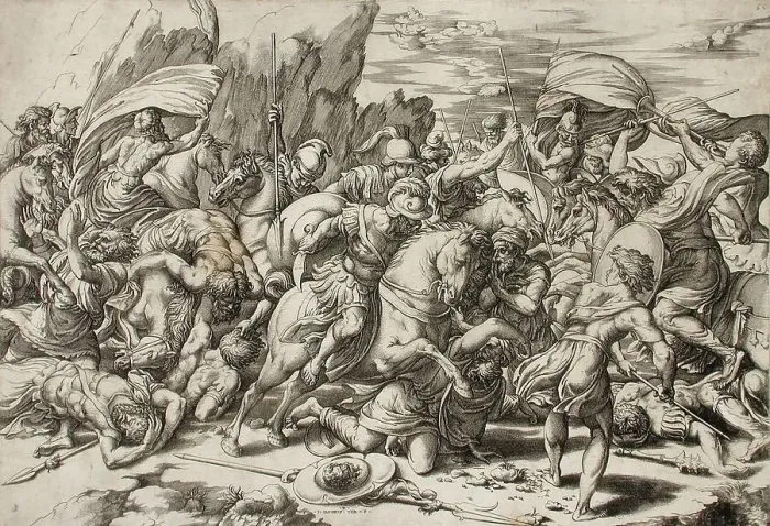Framed Print : Battle Scene, c1526. Creators: Giovanni Jacopo Caraglio, Raphael Framed Print : Battle Scene, c1526. Creators: Giovanni Jacopo Caraglio, Raphael