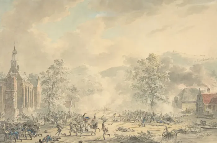 Framed Print : Battle Scene with Church at left, ca. 1790-1800. Creator: Dirk Langendijk Framed Print : Battle Scene with Church at left, ca. 1790-1800. Creator: Dirk Langendijk