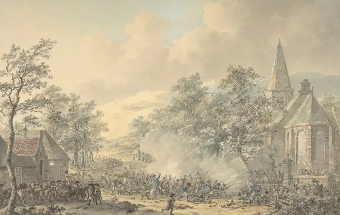 Framed Print : Battle Scene with Church at right, ca. 1790-1800. Creator: Dirk Langendijk Framed Print : Battle Scene with Church at right, ca. 1790-1800. Creator: Dirk Langendijk