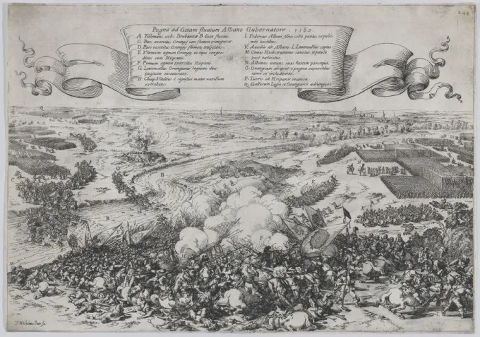 Framed Print : Battle scene: forces led by William of Orange crossing the Gete River to attack the Duke o... 1632. Creator: Johann Wilhelm Baur Framed Print : Battle scene: forces led by William of Orange crossing the Gete River to attack the Duke o... 1632. Creator: Johann Wilhelm Baur