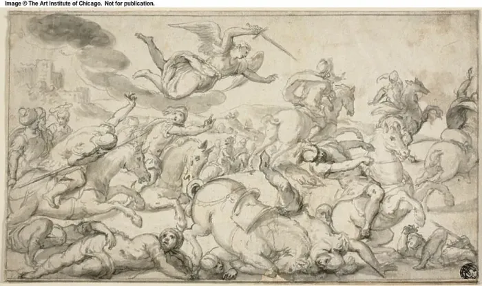 Framed Print : Battle Scene with Horsemen Fleeing from Avenging Angel, c. 1650. Creator: Dirck Hals Framed Print : Battle Scene with Horsemen Fleeing from Avenging Angel, c. 1650. Creator: Dirck Hals