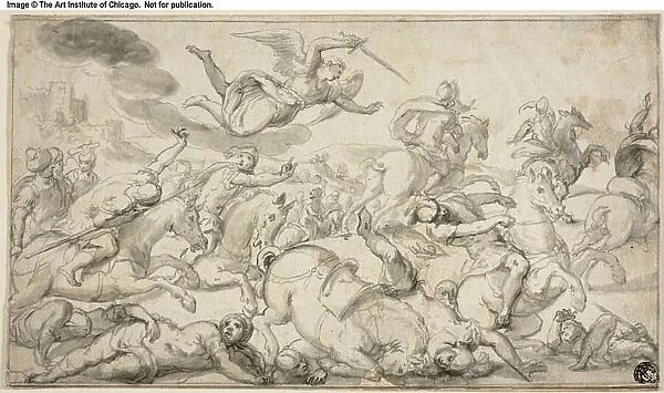 Battle Scene with Horsemen Fleeing from Avenging Angel, c. 1650. Creator: Dirck Hals