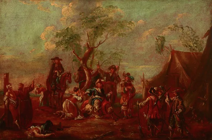 Framed Print : Battle Scene-In the Military Camp, 18th century. Creator: Unknown Framed Print : Battle Scene-In the Military Camp, 18th century. Creator: Unknown
