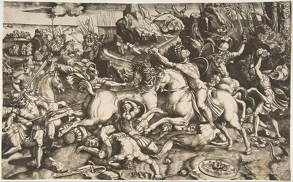 Battle scene in a landscape with soldiers on horseback and several fallen men, another