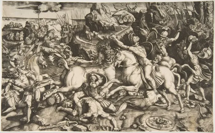 Framed Print : Battle scene in a landscape with soldiers on horseback and several fallen men, another Framed Print : Battle scene in a landscape with soldiers on horseback and several fallen men, another
