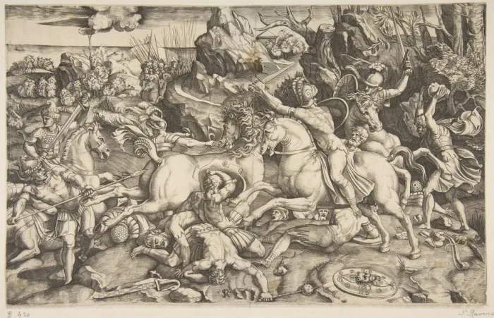 Framed Print : Battle scene in a landscape with soldiers on horseback and several fallen men, another Framed Print : Battle scene in a landscape with soldiers on horseback and several fallen men, another