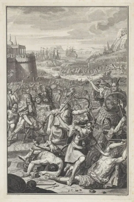 Framed Print : Battle scene with a man about to be stabbed with a sword at lower right, 1730. Creator: Jan Caspar Philips Framed Print : Battle scene with a man about to be stabbed with a sword at lower right, 1730. Creator: Jan Caspar Philips