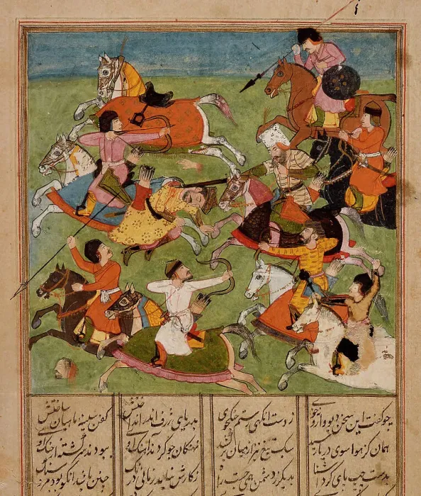 Framed Print : Battle Scene and Text (recto), Text (verso), Folio from a Shahnama (Book of... early 17th century. Creator: Unknown) Framed Print : Battle Scene and Text (recto), Text (verso), Folio from a Shahnama (Book of... early 17th century. Creator: Unknown)
