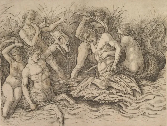 Framed Print : Battle of the Sea Gods (Right portion of a frieze), ca. 1485-88. Creator: Andrea Mantegna Framed Print : Battle of the Sea Gods (Right portion of a frieze), ca. 1485-88. Creator: Andrea Mantegna