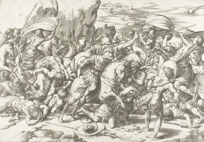 Framed Print : The Battle around the Shield and Lance, c.1527. Creators: Giovanni Jacopo Caraglio, Raphael