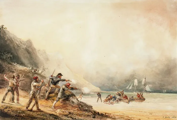 Framed Print : Battle between smugglers and marines, 1830. Creator: Theodore Gudin Framed Print : Battle between smugglers and marines, 1830. Creator: Theodore Gudin