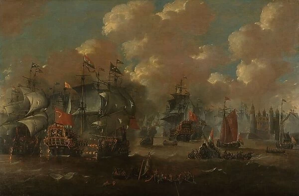 The Battle of the Sound with the Eendracht Engaging Two Swedish Warships, 1658, c.1670. Creator: Anon