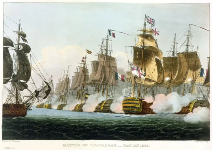 Framed Print : Battle of Trafalgar, October 21st 1805 (1816). Artist: Thomas Sutherland Framed Print : Battle of Trafalgar, October 21st 1805 (1816). Artist: Thomas Sutherland