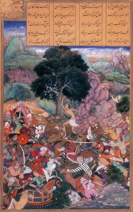 Framed Print : Battle of the tribes watched by Majnun who is holding a rock, 1595. Creator: Nanha Framed Print : Battle of the tribes watched by Majnun who is holding a rock, 1595. Creator: Nanha