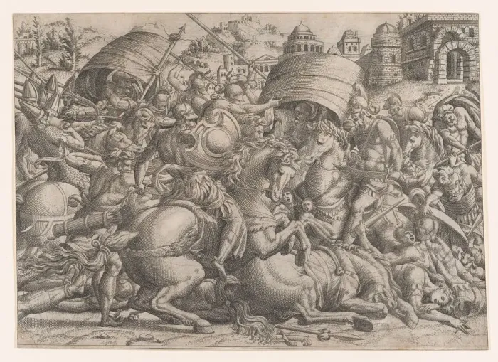Framed Print : Battle Before Troy, 1535-55. Creator: Jean Mignon Framed Print : Battle Before Troy, 1535-55. Creator: Jean Mignon