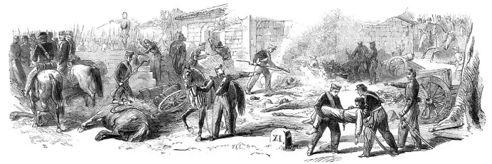 Framed Print : The Battle on the Volturno - battery where the Neapolitans burnt the wounded Garibaldians... 1860. Creator: Unknown Framed Print : The Battle on the Volturno - battery where the Neapolitans burnt the wounded Garibaldians... 1860. Creator: Unknown