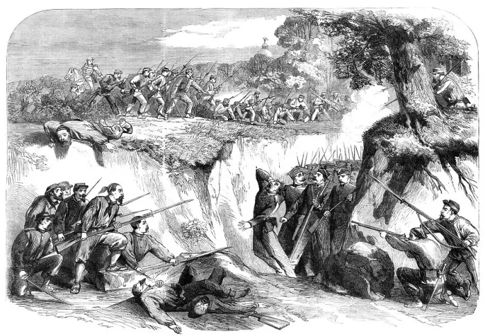 Framed Print : The Battle on the Volturno - the Neapolitan troops passing along a ravine... 1860. Creator: Unknown Framed Print : The Battle on the Volturno - the Neapolitan troops passing along a ravine... 1860. Creator: Unknown