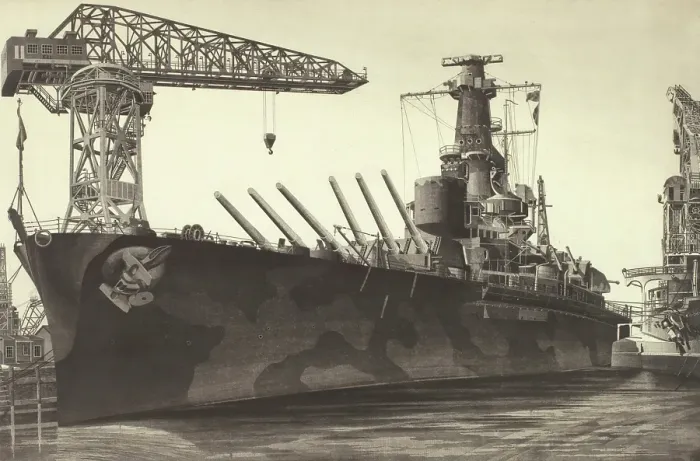 Framed Print : Battle Wagon - USS Alabama Outfitting at Norfolk Navy Yard Crane Ship Kearsarge Alongside, 1943. Creator: John Taylor Arms Framed Print : Battle Wagon - USS Alabama Outfitting at Norfolk Navy Yard Crane Ship Kearsarge Alongside, 1943. Creator: John Taylor Arms