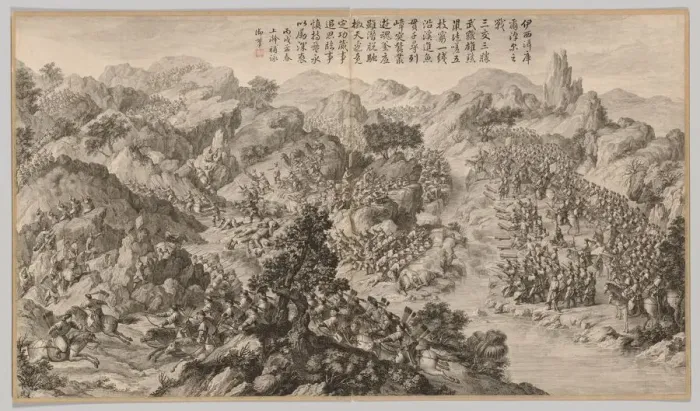 Framed Print : Battle at Yixier Kuernaoer: from Battle Scenes of the Quelling of Rebellions... c1765-1774 Framed Print : Battle at Yixier Kuernaoer: from Battle Scenes of the Quelling of Rebellions... c1765-1774