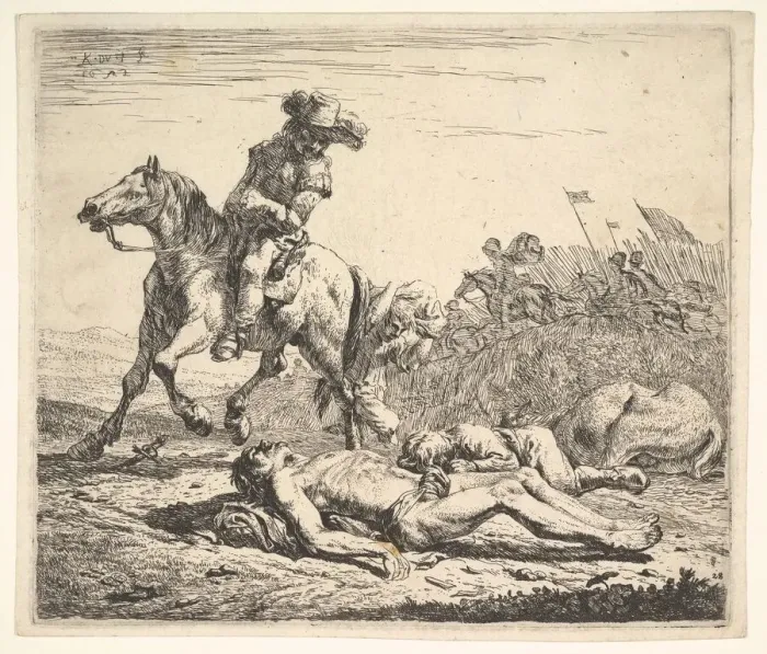 Framed Print : Battlefield with horseman looking over his left shoulder toward stripped corpse on Framed Print : Battlefield with horseman looking over his left shoulder toward stripped corpse on
