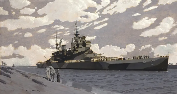 Framed Print : Battleship in Suez Canal [HMS Howe], between 1939 and 1946. Creators: Central Office of Information, Charles Pears