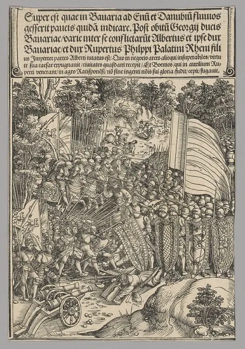Framed Print : Bavarian War, plate 18 from Historical Scenes from the Life of Emperor... printed c. 1520. Creator: Wolf Traut Framed Print : Bavarian War, plate 18 from Historical Scenes from the Life of Emperor... printed c. 1520. Creator: Wolf Traut