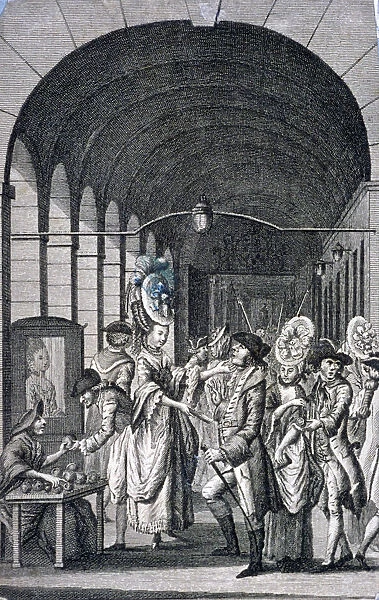 Bawds and pickpockets around a trader at Covent Garden piazza, Westminster, London, c1780