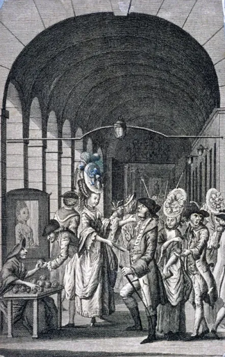 Framed Print : Bawds and pickpockets around a trader at Covent Garden piazza, Westminster, London, c1780 Framed Print : Bawds and pickpockets around a trader at Covent Garden piazza, Westminster, London, c1780