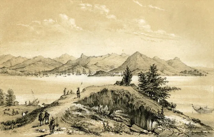 Framed Print : The bay and island of Hong Kong, 1847. Artist: E Gilks Framed Print : The bay and island of Hong Kong, 1847. Artist: E Gilks