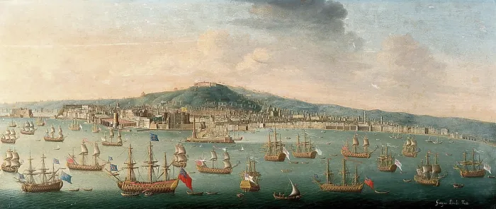 Framed Print : The bay of Naples with the British fleet at anchor, 1 August 1718. Creator: Gaspar Butler Framed Print : The bay of Naples with the British fleet at anchor, 1 August 1718. Creator: Gaspar Butler