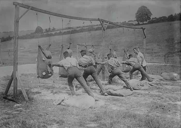 Framed Print : Bayonet practice, British training, 16 Aug 1917. Creator: Bain News Service Framed Print : Bayonet practice, British training, 16 Aug 1917. Creator: Bain News Service