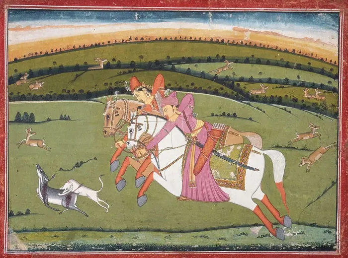 Framed Print : Baz Bahadur and Rupmati Hunting (recto), Sketches (verso), c1770. Creator: Unknown Framed Print : Baz Bahadur and Rupmati Hunting (recto), Sketches (verso), c1770. Creator: Unknown