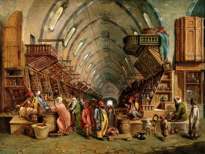 Framed Print : A bazaar (the Egyptian bazaar, Constantinople?). Creator: John Varley Framed Print : A bazaar (the Egyptian bazaar, Constantinople?). Creator: John Varley