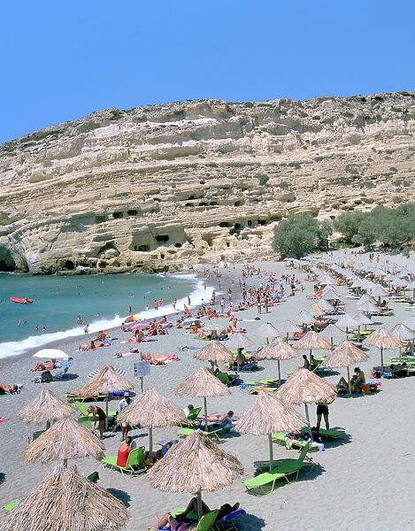 Beach and caves, Matala, Crete, Greece